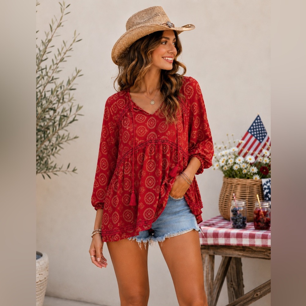 En Crème Boho Peasant Blouse Medium Red Medallion Print Crochet Lace Tassel Tie